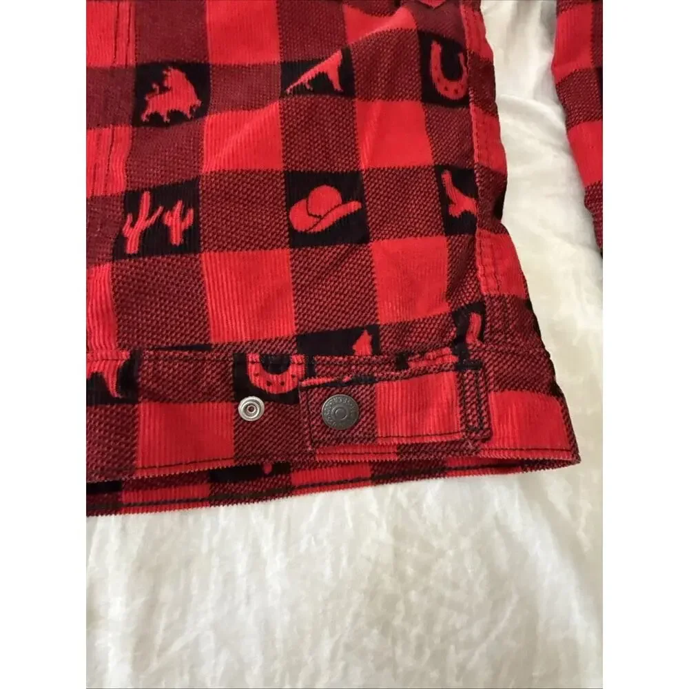 Levi’s Premium Sherpa Trucker Jacket XL Red Plaid Western Print New
